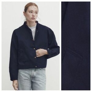 NWT. Massimo Dutti Navy Decorative Snap Front Adjustable Bottom Jacket. Size M.